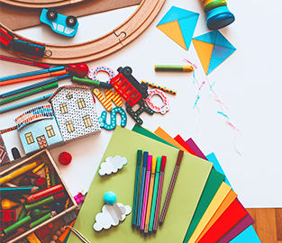 Colorful educational toys and crafts on a table